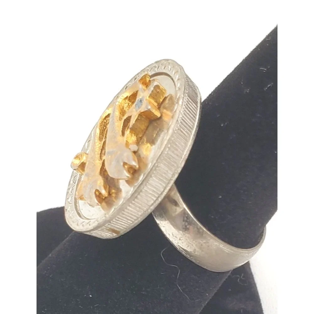 Vintage 1970s Silver & Gold Tone Zodiac Pisces Adjustable Ring